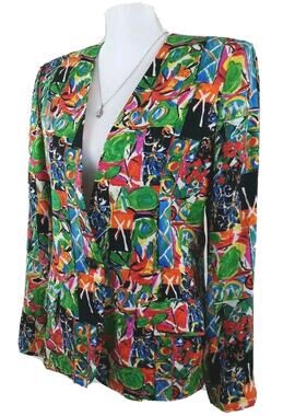 Ann May~Women's Size 8~Multi Color 100% Silk Blazer 1-Button Jacket Fully Lined.